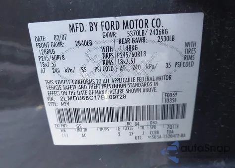 2007 Lincoln Mkx из США, поврежденный, VIN 2LMDU68C17BJ09728